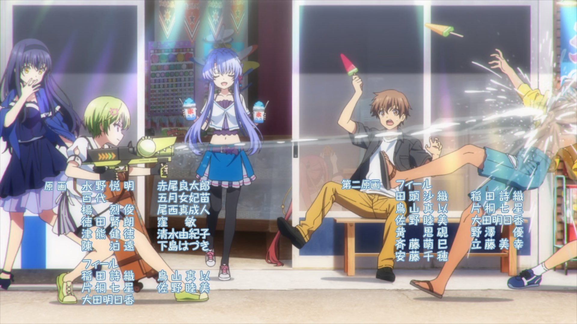 A green haired girl is firing a high powered water gun at a tanned topless dude who topples over from the impact. A brown haired boy nearly falls off his seat in front of a convienence store from seeing it as a girl with light purple hair walks out of it, holding two buckets of shaved ice. A dark purple haired girl looks on in shock, behind the green haired girl. 